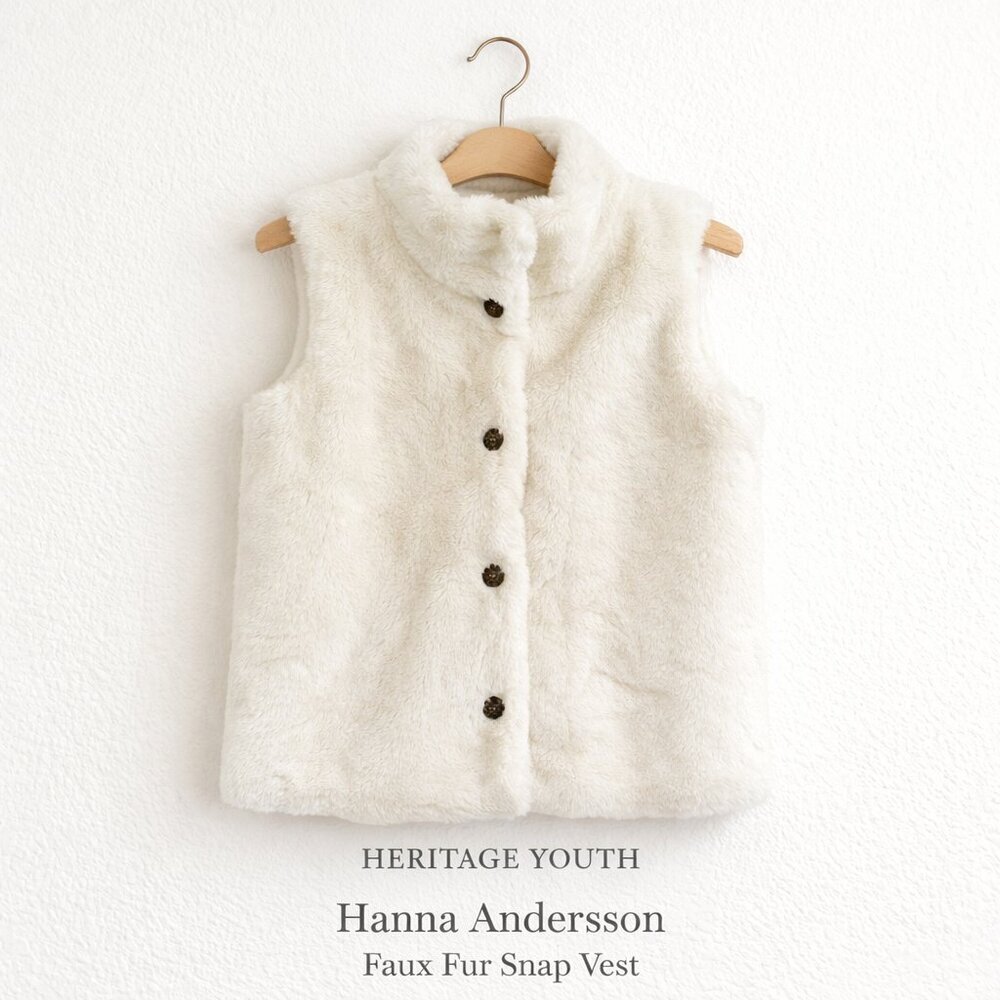 Hanna Andersson Winter White Faux Fur Snap Front Vest Girls Size 12 150cm - Picture 1 of 14